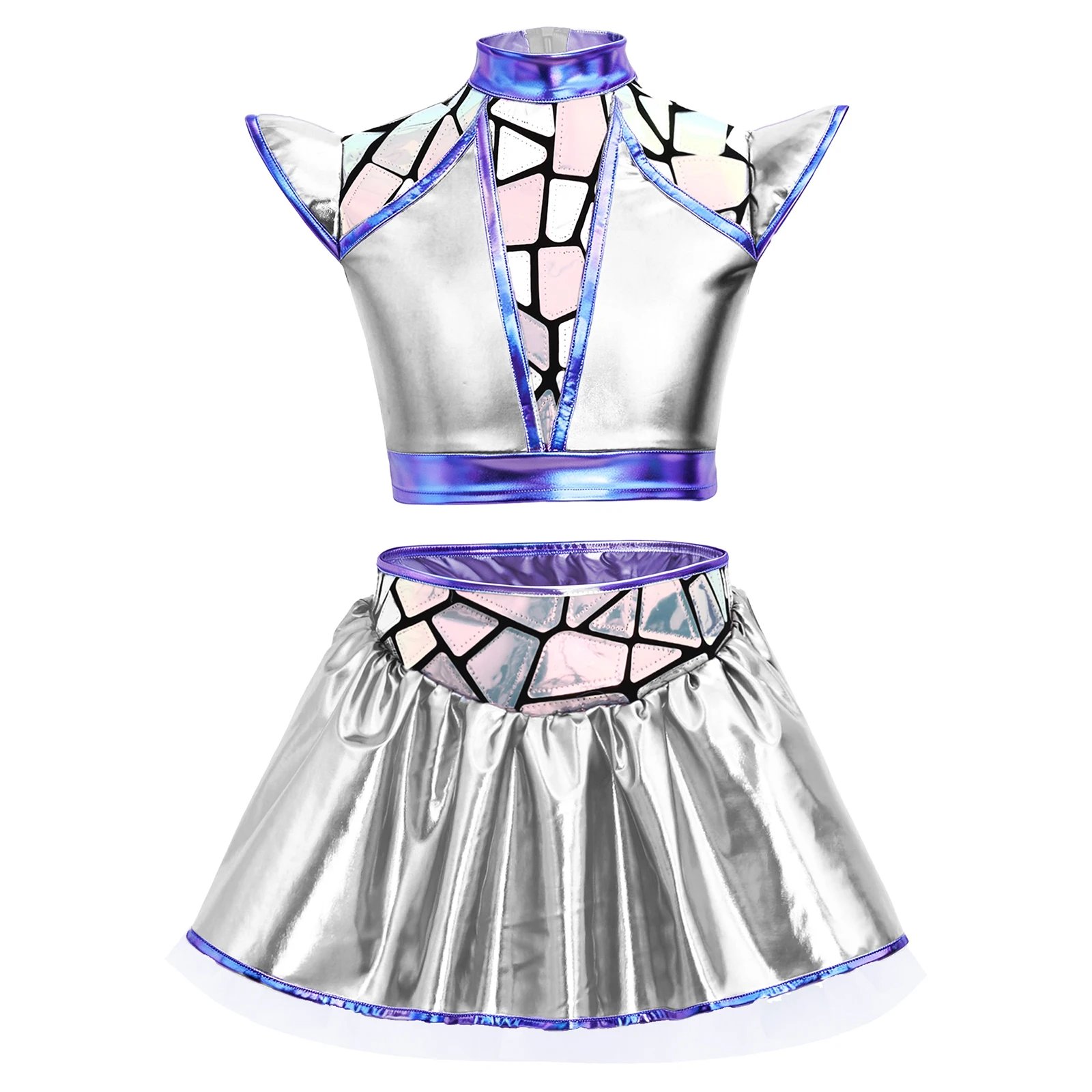 Kids Girls Metallic Shiny Alien Robot Costume Crop Top with Tutu Skirt Built-in Briefs Jazz Dance Outfit for Halloween Party