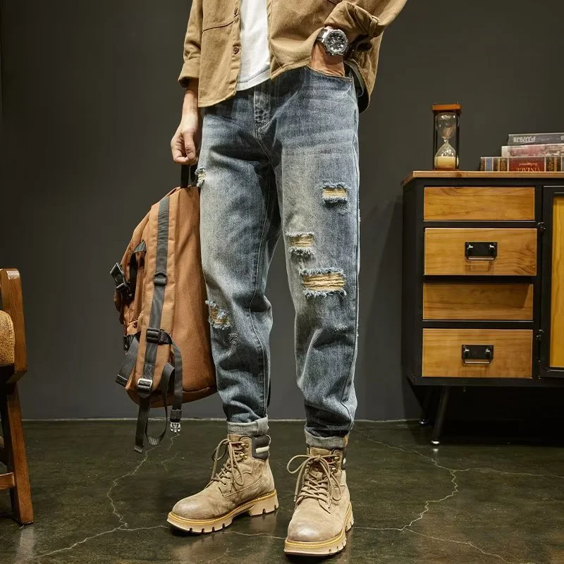 

Мужские джинсы в американском ретро-стиле, модные свободные прямые брюки-клеш, укороченные (9/10 длины), повседневные джинсы.