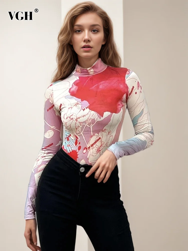 

VGH Colorblock Printing Chic Slimming T Shirts For Women Stand Collar Long Sleeve Casual Pullover T Shirt Female Fashion Style