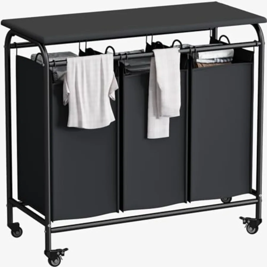 

3 Bag Laundry Basket Sorter with Heavy Duty Rolling Lockable Wheels Integrated Ironing Board Storage Removable Laundry Bags for