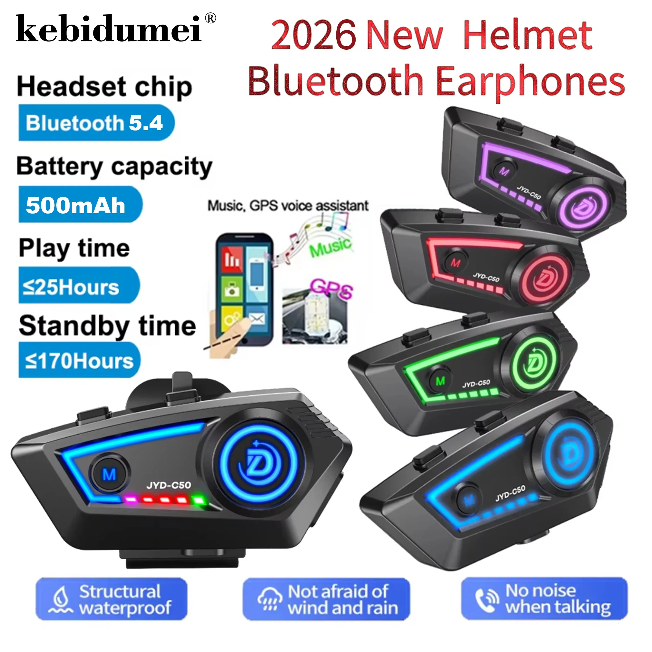 C50 Motorcycle Helmet Headset Bluetooth 5.4 Handsfree Call Wireless Noise Reduction Waterproof Headphone with RGB Light Earphone