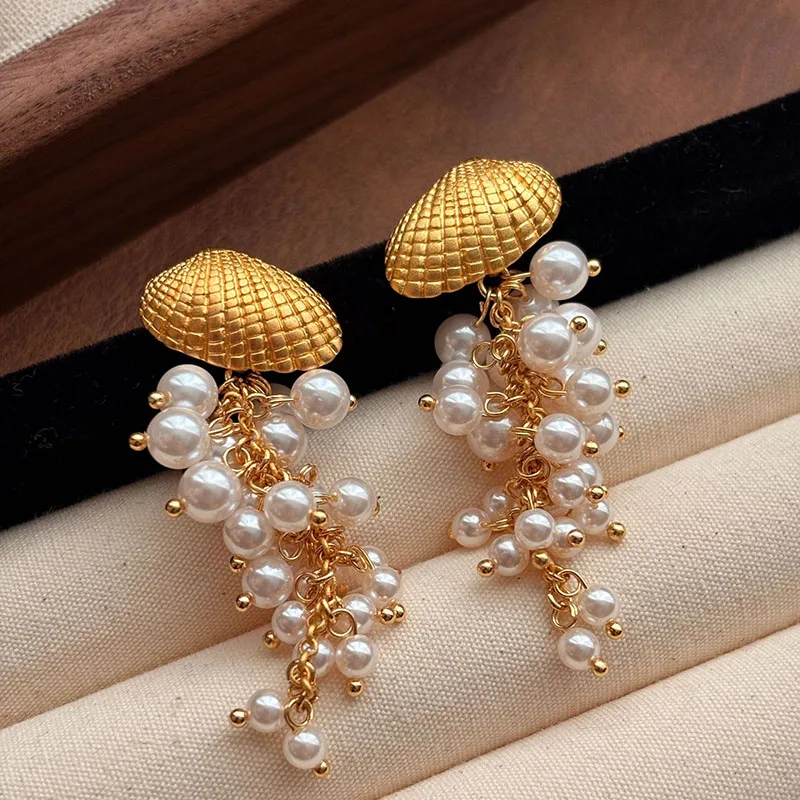 

Shell pearl graped tassel dangle earrings for women jellyfish shape statement earrings summer holiday jewelry for party