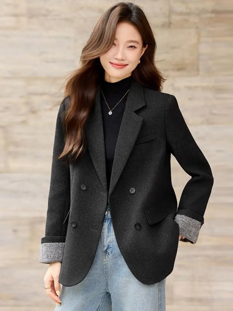 

Korean Fashion Women Black Elegant Workwear Blazer Coat Autumn Winter Grey Double Breasted Long Sleeve Jacket Big Size Clothing