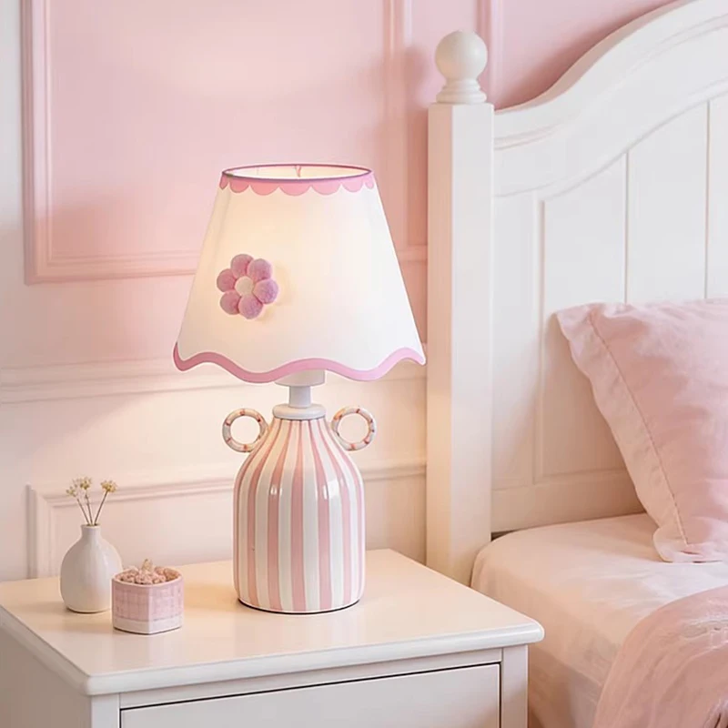 

Children's Room Girl Bedroom Bedside Ceramic Table Lamps Pink Blue Fabric Flower Lamp Warm Baby Room Princess Room Table Lights