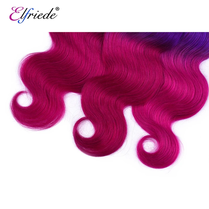 Elfriede Body Wave Ombre Colored #T1B/Purple/Rose Red Hair Bundles with Frontal Remy Human Hair 3 Bundles with Lace Frontal 13x4