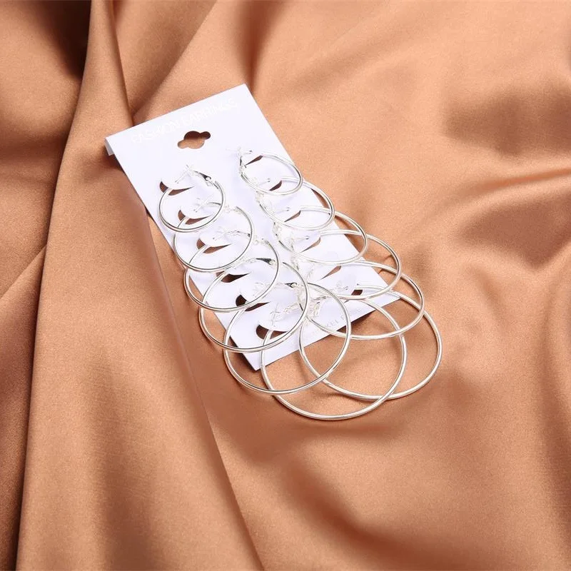 Korean Style Versatile Simple Fashion Exaggerated Nightclub Circle Mixed Color Multi-Piece 6 Pairs of Large and Small Hoop Earrings Set