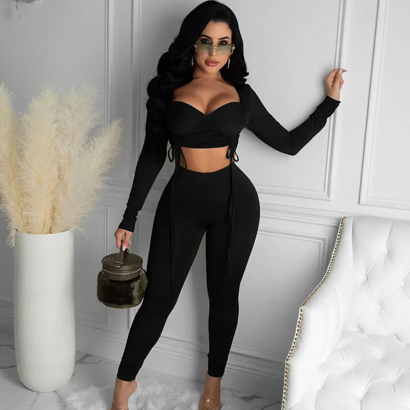 Sexy Two Piece Set Women Festival Clothing Drawstring Ruched Long Sleeve Crop Top and Pants Leggings Party Club Birthday Outfits