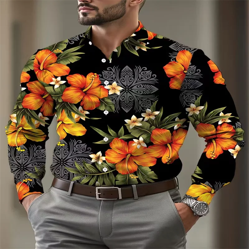 

Men's Casual Shirt Vintage 3D Floral Print Long Sleeve Shirt Fashion Street Style Shirt Autumn Winter Tops Fast Shipping