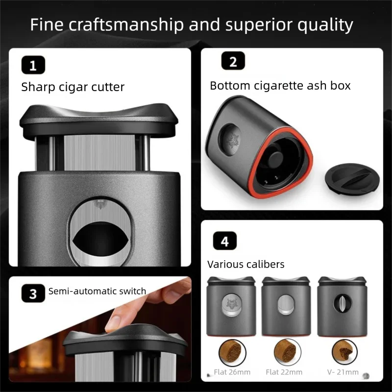 Metal Tabletop Cigar Cutter Press Type Cigar Scissors 3-in-1 Multi-Size Blades V-Cut & Flat Cut with Built-in Bottom Ashtray