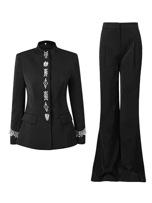 Autumn Winter New Chinese Retro Embroidered Diamond Stand Collar Suit Jacket High Waist Bell Bottom Pants Women's Two Piece Set