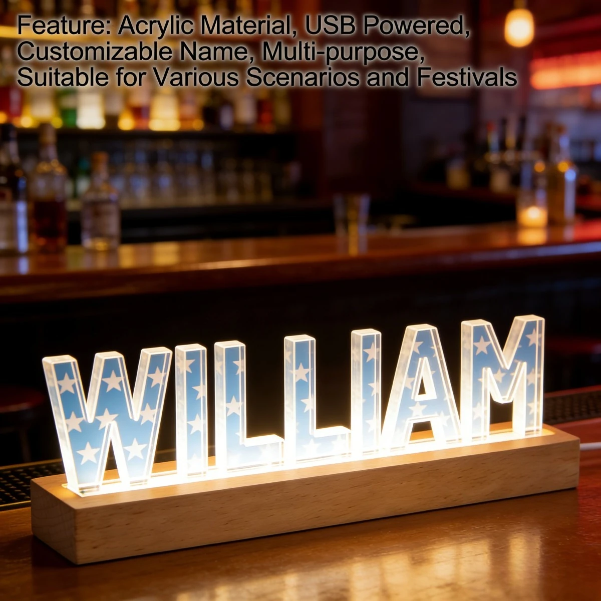 Personalized Acrylic LED Name Light for Wedding, Custom Text Decor Light for Anniversary, Floral Warm White Lamp with Wooden Ba
