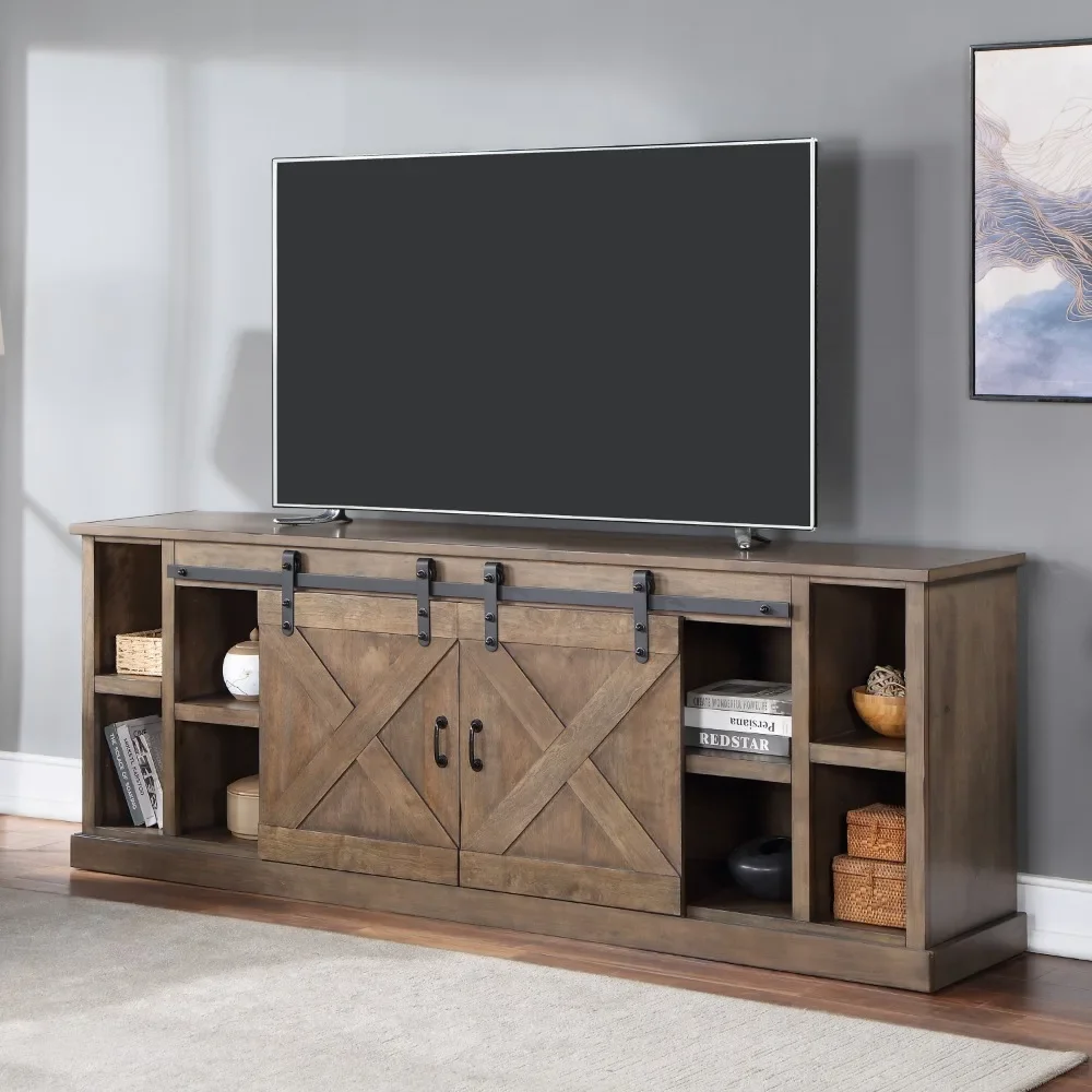 

TV Stand 85 Inch, No Assembly Required, Barnwood Finish, Two Sliding Barn Doors and Six Shelves, TV Stand