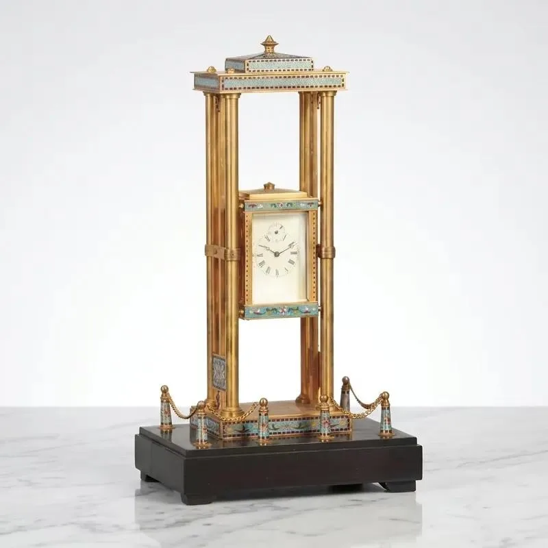 French Bronze Brass Industrial Zigzag Gravity Rack Wall Clock