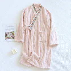 Flannel Embroidery Women's Nightgown Winter Long Kimono Bathrobe Fleece Thick Warm Home Pajamas Female Soft Lace-up Nightdress