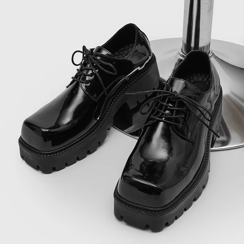 mens fashion stage nightclub platform shoes lace-up patent leather oxfords shoe brand designer square toe sneakers mans footwear