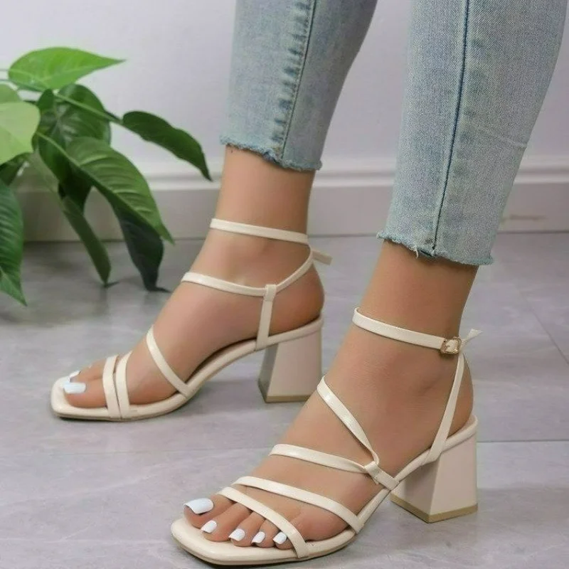 Luxury Sandals Women 2023 Fashion Summer Ladies High Heels Simple Square Toe Open Toe Heeled Sandals Straps Womens Shoes Zapatos