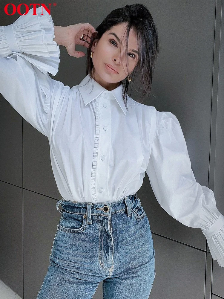 OOTN Elegant Puff Sleeve White Shirts Female Street Chic Ruffles Turn Down Collar Blouse Women Casual Long Sleeve Lady Tops 2023