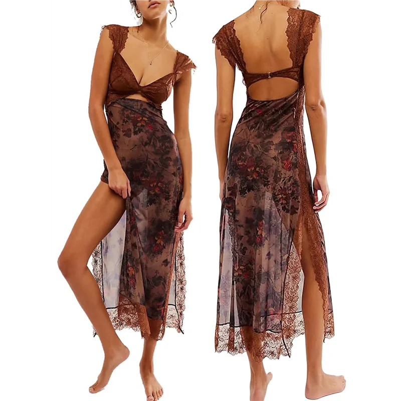 CYL-レディース レース パッチワーク メッシュ マキシドレス 花柄プリント カットアウト スイートハートネック バックレス スリット入り サマー Y2K ロングドレス