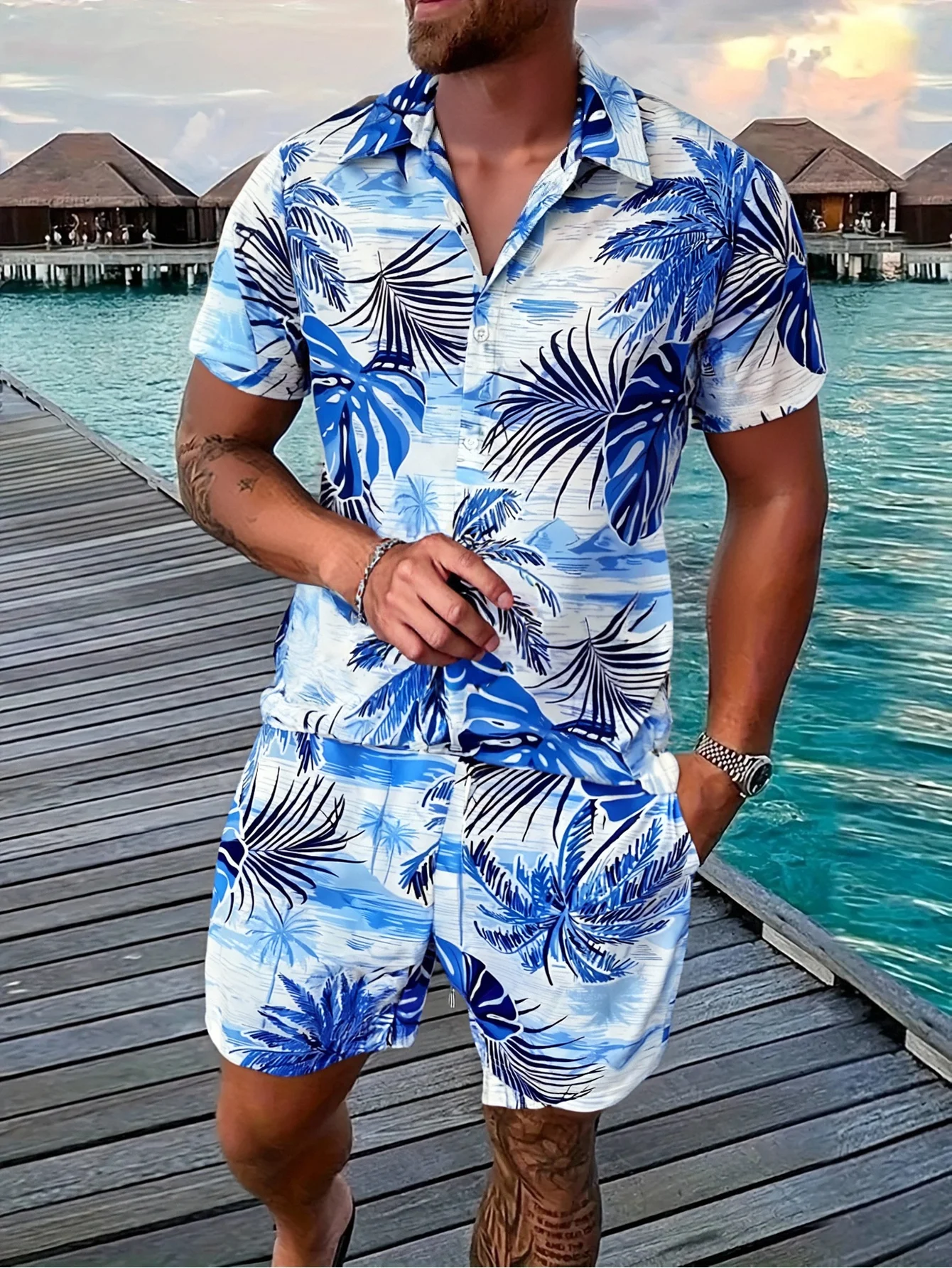 

Men's Regular Casual Shirt and Shorts Suit with Drawstring and Elastic Waist, Summer Top and Shorts Suit, Light and Breathable, Men's Beach Suit, Men's Casual Suit