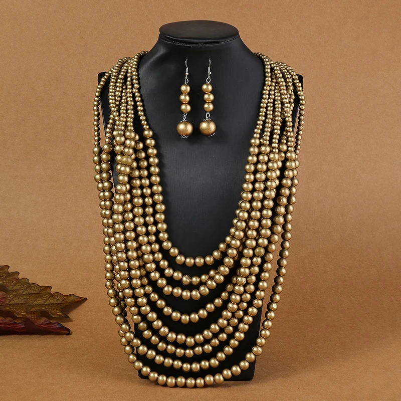 1SET African Style Multi-Layer Wooden Bead Jewelry Set Chokers Necklace Colorful Bohemian Necklace Earrings Set Party Jewelry