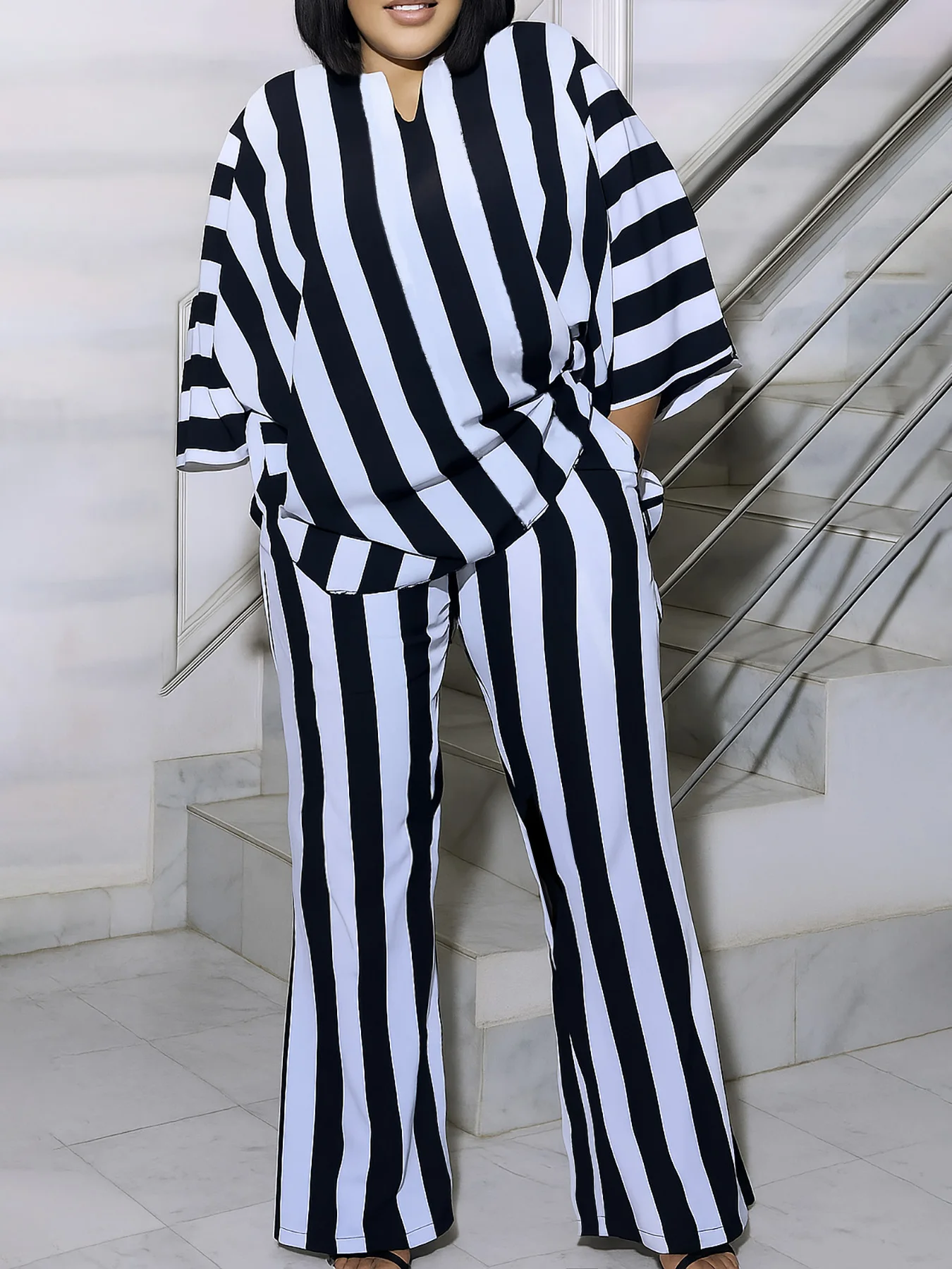 

Горячий - продам оповещение! Модный комплект свободного кроя в черно-белую полоску, без усилий Master the Trend