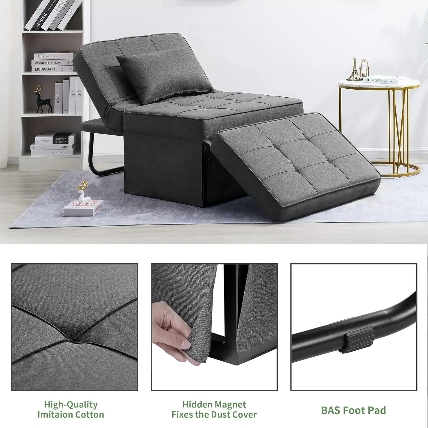 Sofa Bed, 4 in 1 Multi-Function Folding Ottoman Breathable Linen Couch Bed with Adjustable Backrest Modern Convertible Chair for