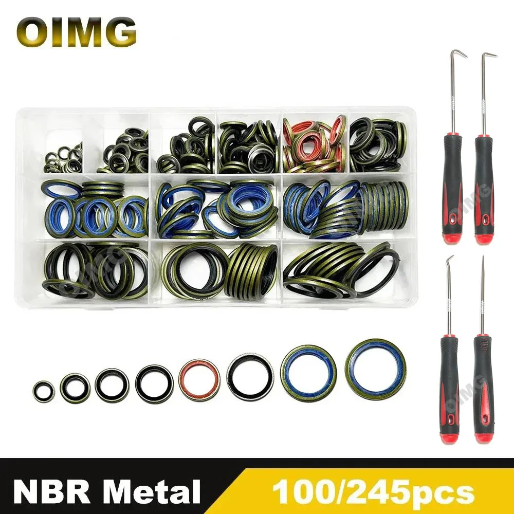 100/245pcs NBR Metal Bonded Sealing Washer High Press Hydralic Oil Resist Rubber O-Ring Oil Pipe Drain Plug Seal Gasket Kit