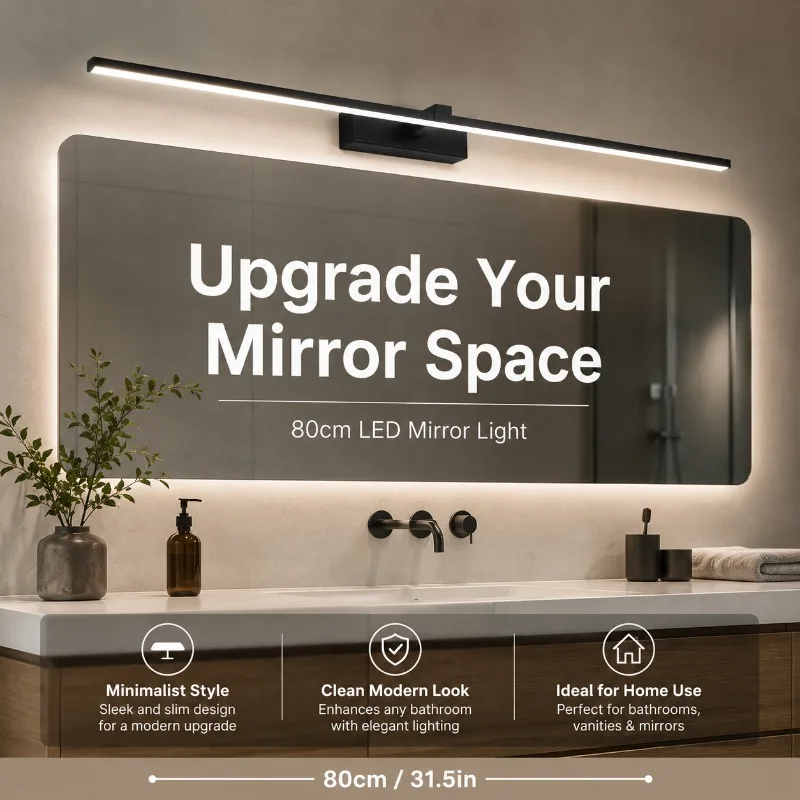 Modern LED Mirror Light 80cm 15W Black Vanity Lamp for Bathroom Makeup Wall Mounted Waterproof Mirror Especially Front Light
