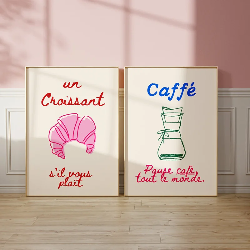 2pcs frameles,2PCS French Kitchen Art Prints Croissant & Coffee Poster Set Minimalist wall art Home Wall Decor Canvas Paintings