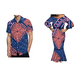 Long Samoan Dress Wholesale Customized Hibiscus Flower Polynesian Tribal Print 3/4 Flare Sleeve Maxi Mermaid Party Dress