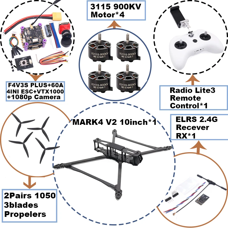 MARK4 V2 10-Zoll F4V3S/F4V3S PLUS Flugsteuerung 45/60A 4INI ESC Rack Drohne FPV Carbon Fiber PV Renndrohne Quadcopter Freestyle