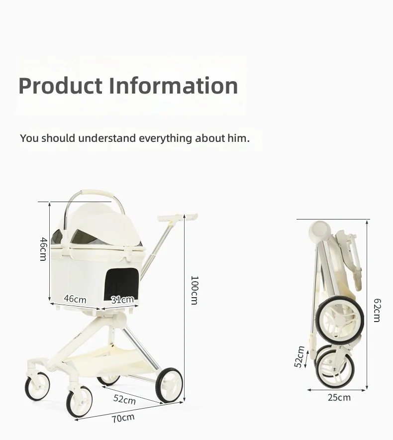 High View Pet Stroller, Detachable Cat and Dog Pushchair, One-Click Foldable, Quick Assembly, Portable Pet Carrier