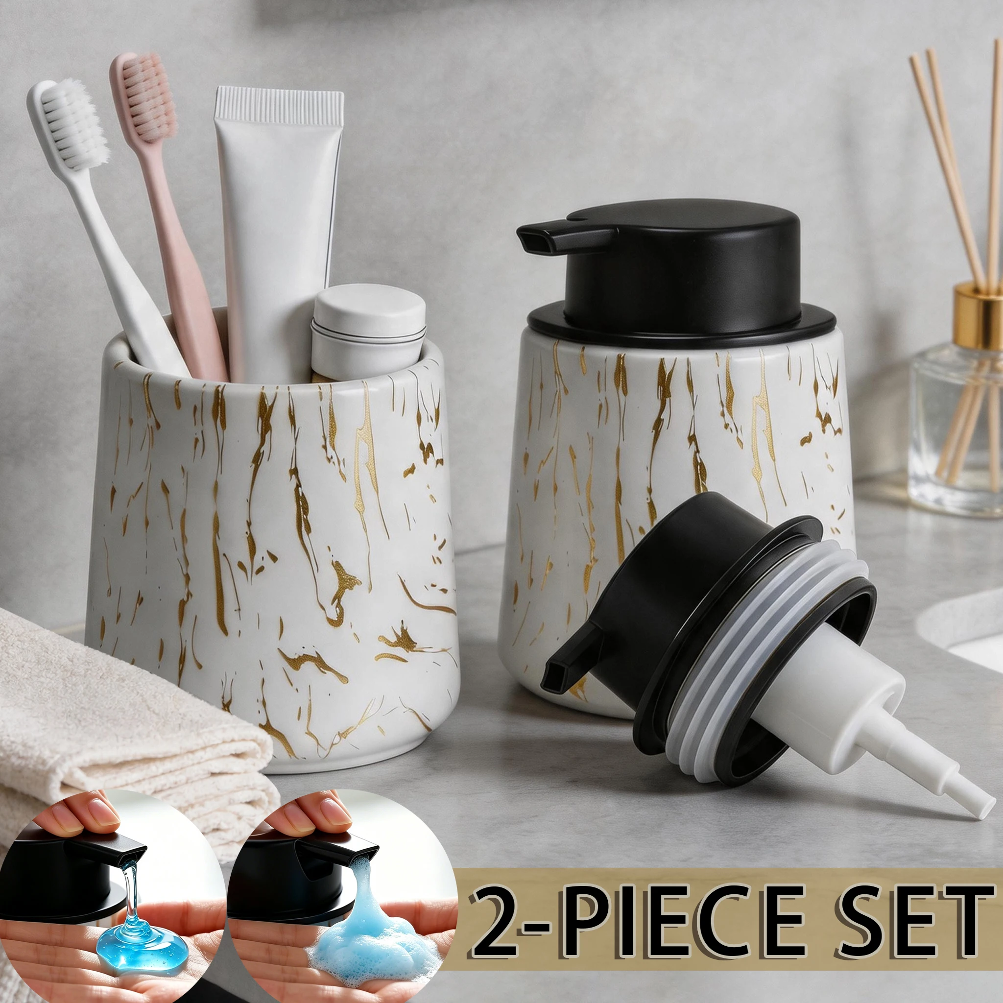 

Elegant Bathroom Foam Soap Dispenser and Cup, Marble Pattern Soap Dispenser & Storage Cup, Perfect for Farmhouse & Home Decor