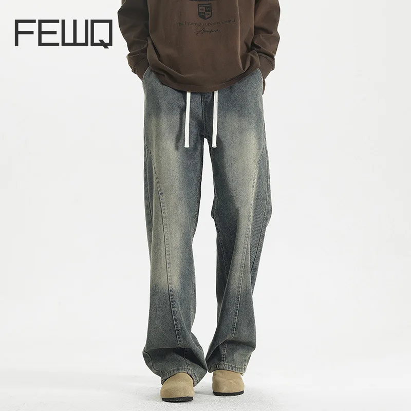 FEWQ American Style Men's Denim Pants Casual Solid Color Worn-out Washing Trousers Straight Wide Leg Male Jeans Stylish 24E5717