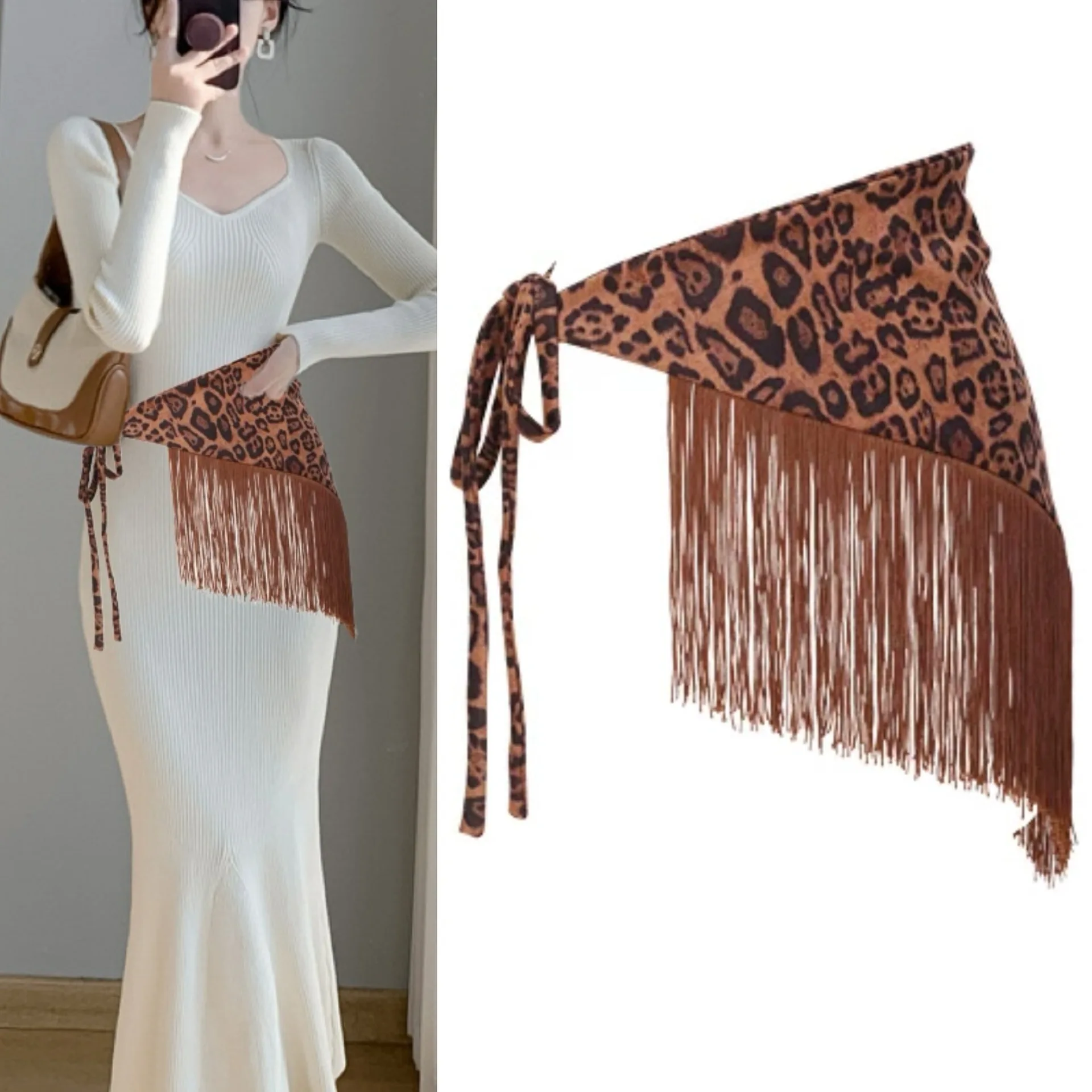 2025 Design Irregular Leopard Print Velvet Satin Waistband Waist Belt for Women Wide Triangular Self-tie Tassel Ceinture Femme