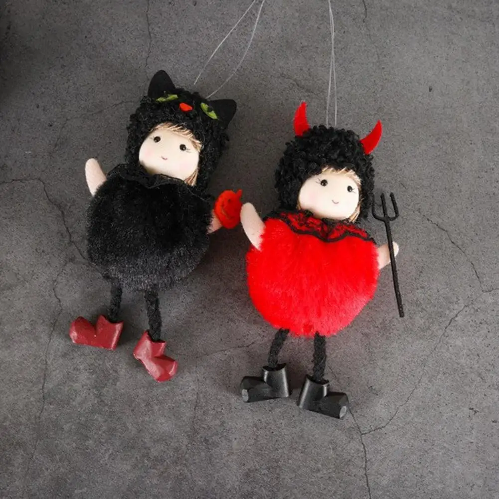 Dark Cute Halloween Plush Halloween Hanging Plush Witch Doll with Lanyard Furry Pom Pom Ball Ornament Cute Halloween for Doors