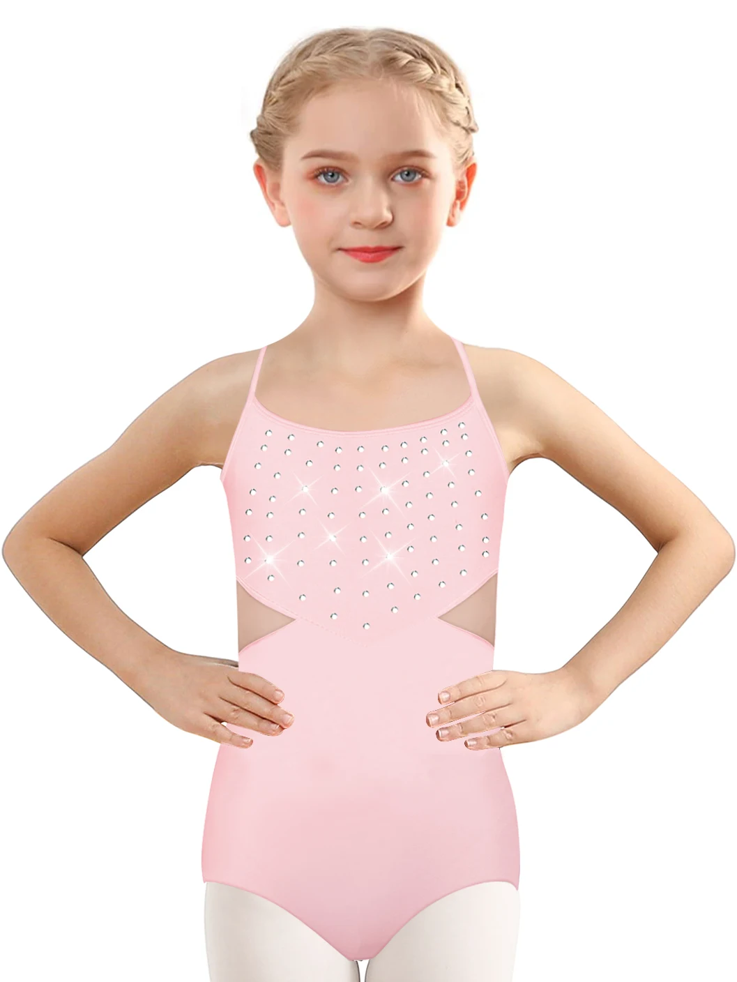 Girls Ballet Camisole Leotards for Dance Hollow Back, Shiny Front Hot Drill, Mesh Waist and Back