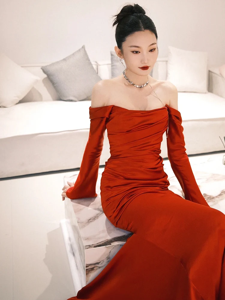 

Красное длинное свадебное платье на одно плечо с хвостом русалки для церемонии, осенне-зимнее свадебное платье