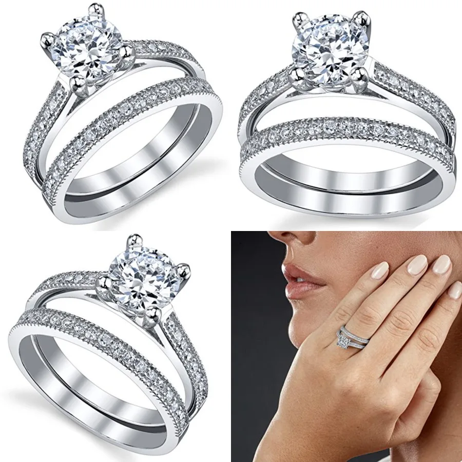 

1.2 Carat Round Brilliant Cubic Zirconia Sterling Silver 2 Wedding Engagement Ring Band Set Sizes to