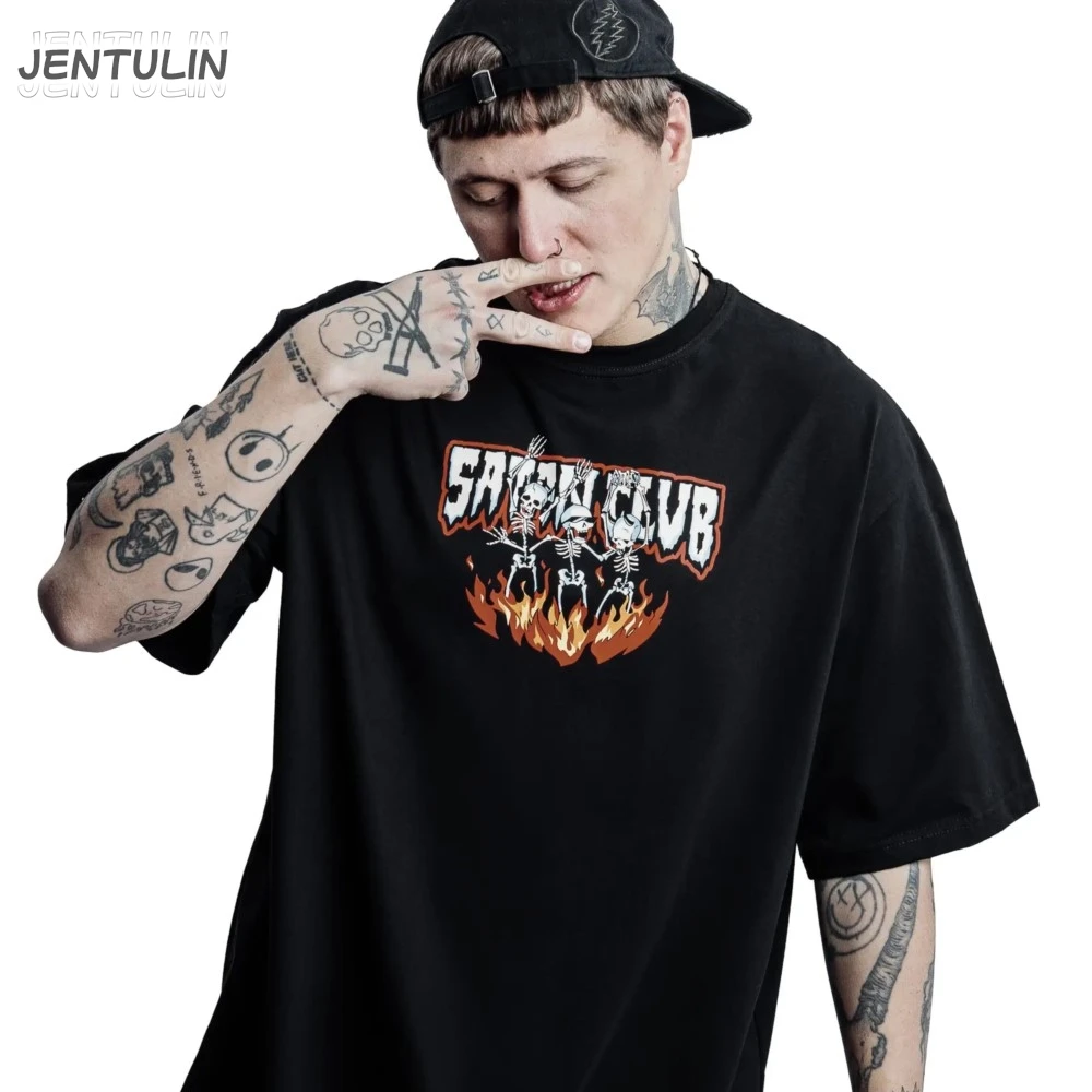 

Harajuku Oversized Streetwear Men's Clothing Satan Club Graphic Print Tshirt Cotton Hip Hop SKLTN Short Sleeve Tops Tee Goth Y2k