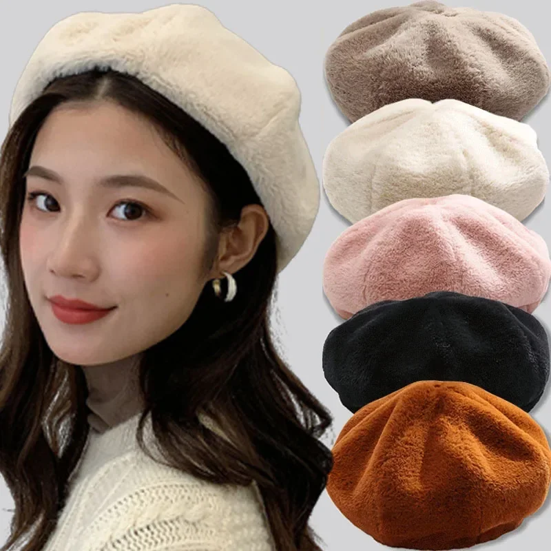 Girls Retro Rabbit Fur Beret Autumn Winter Warm Hat Women Fashion Pure Color Plush Berets Hat Female Elegant Painter Cap Gorras