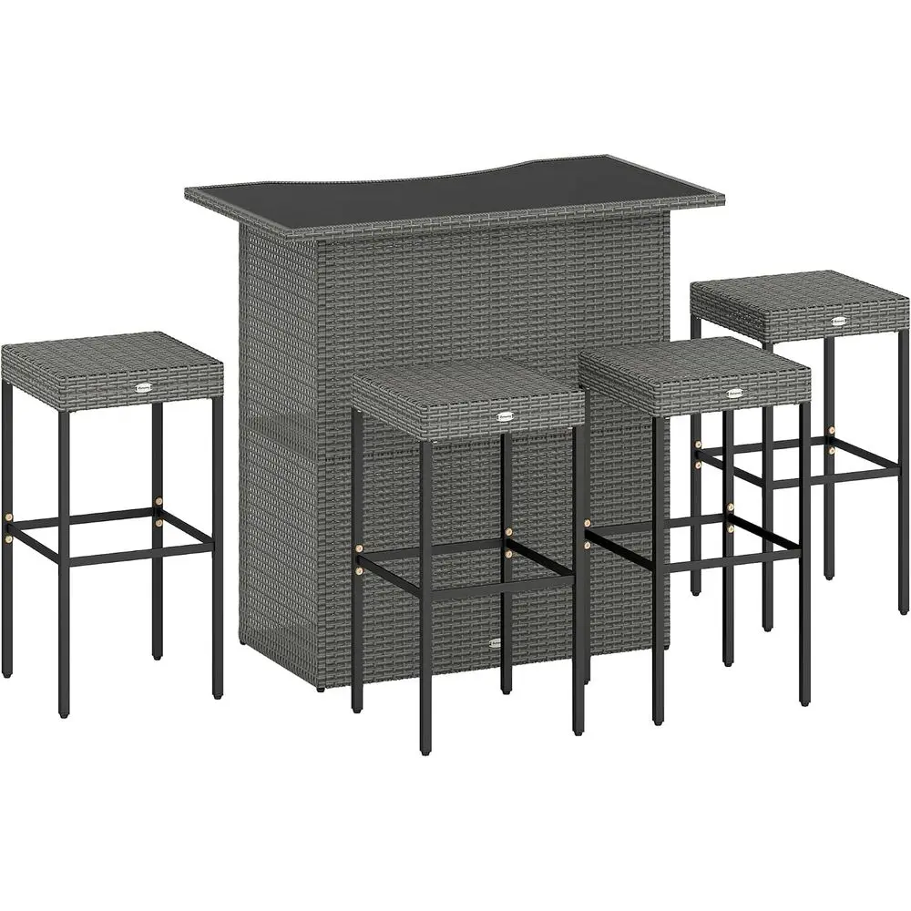 5 Piece Wicker Outdoor Bar Set with Glass Table Top k Gray | High Top Outdoor Table and Chairs, Height Patio Set, 2 Tier Storage