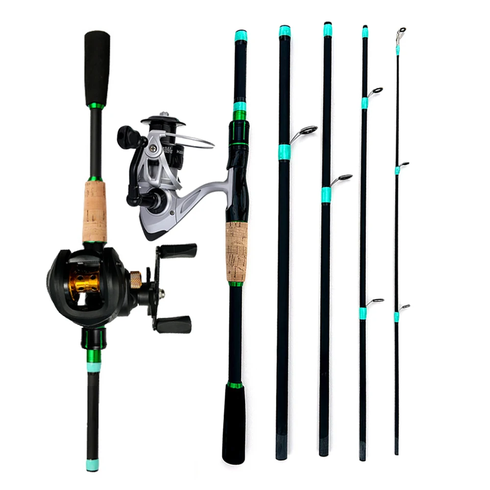 1.8/2.1m Baitcasting Fishing Rod Kits Carbon 4/5 Sections Casting Rod Metal Spool Reel With PE Line Hook Bait Bass Fishing Set