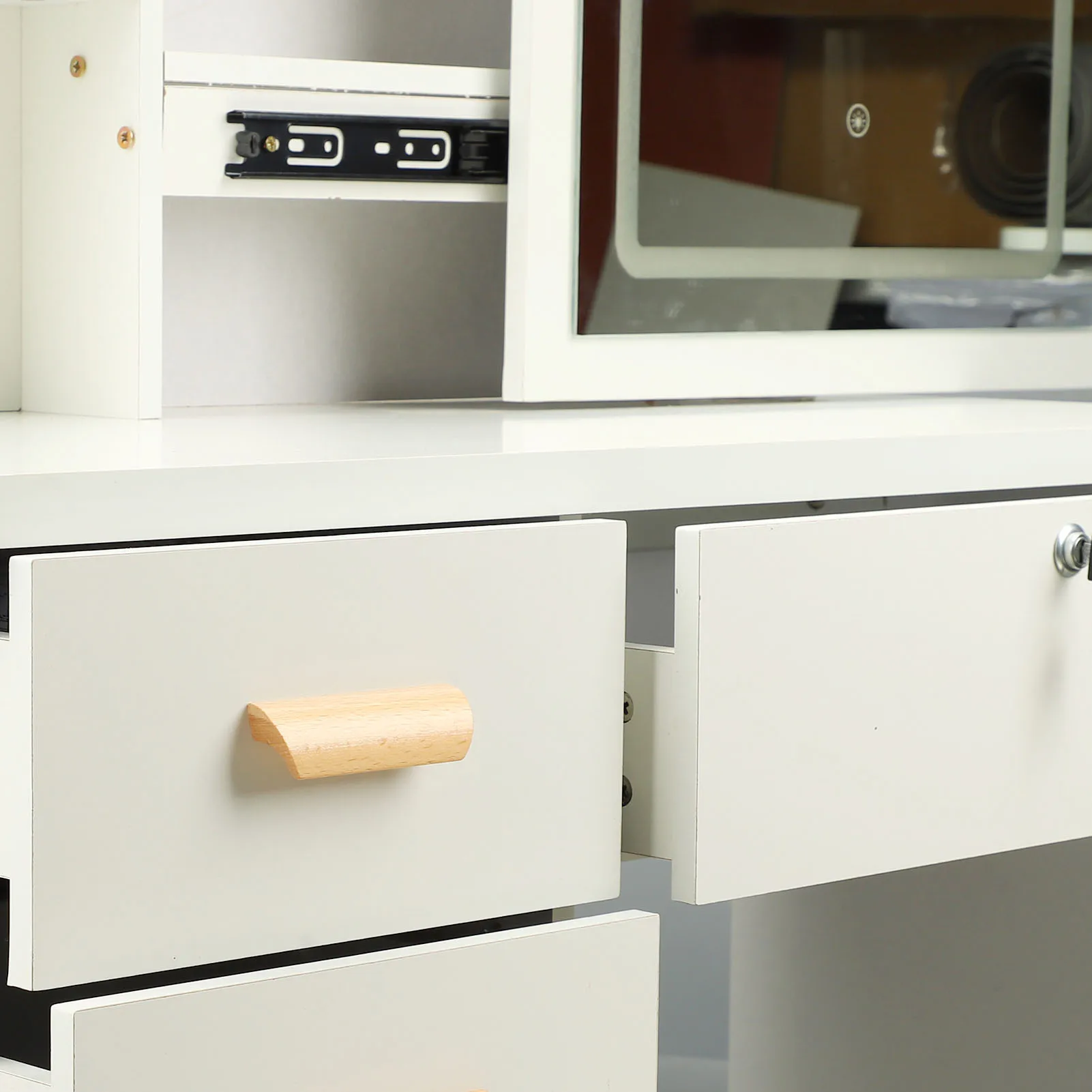 Dressing Table Modern Multi Functional Lighted Mirror Vanity Desk with Drawers Shelves Padded Stool for Bedroom Vanity Table