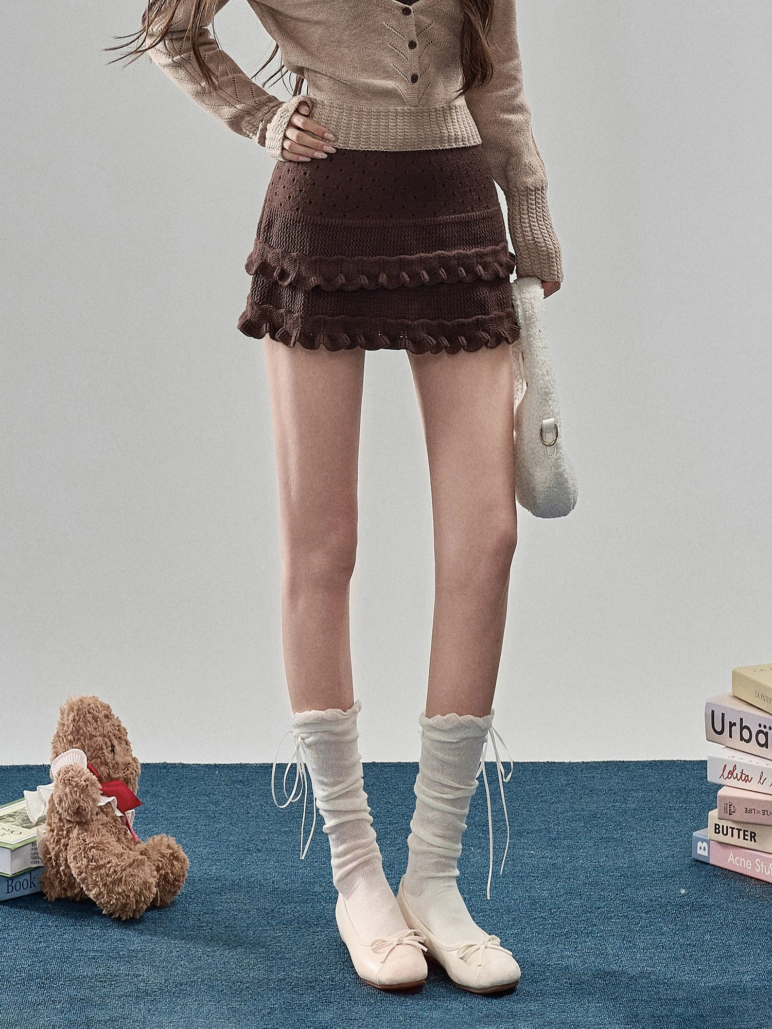

Swee кофейного цвета, вязаная юбка трапециевидной формы, женская осенне-зимняя дизайнерская повседневная юбка с кружевной отделкой и ушками