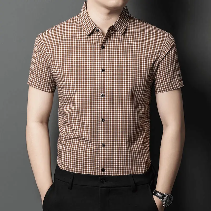 

Fashion High-end Summer New Striped Men's Short Sleeve Shirt Lapel Button Patchwork Thin Middle Aged Smart Casual Plaid Top 2024