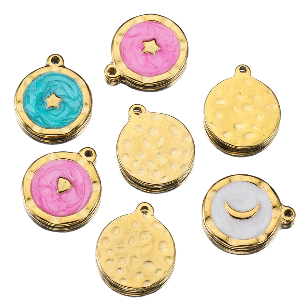 5pcs Gold Color Stainless Steel Enamel Moon Love Medal Heart Charms Pendants for DIY Earrings Necklace Jewelry Making Supplies