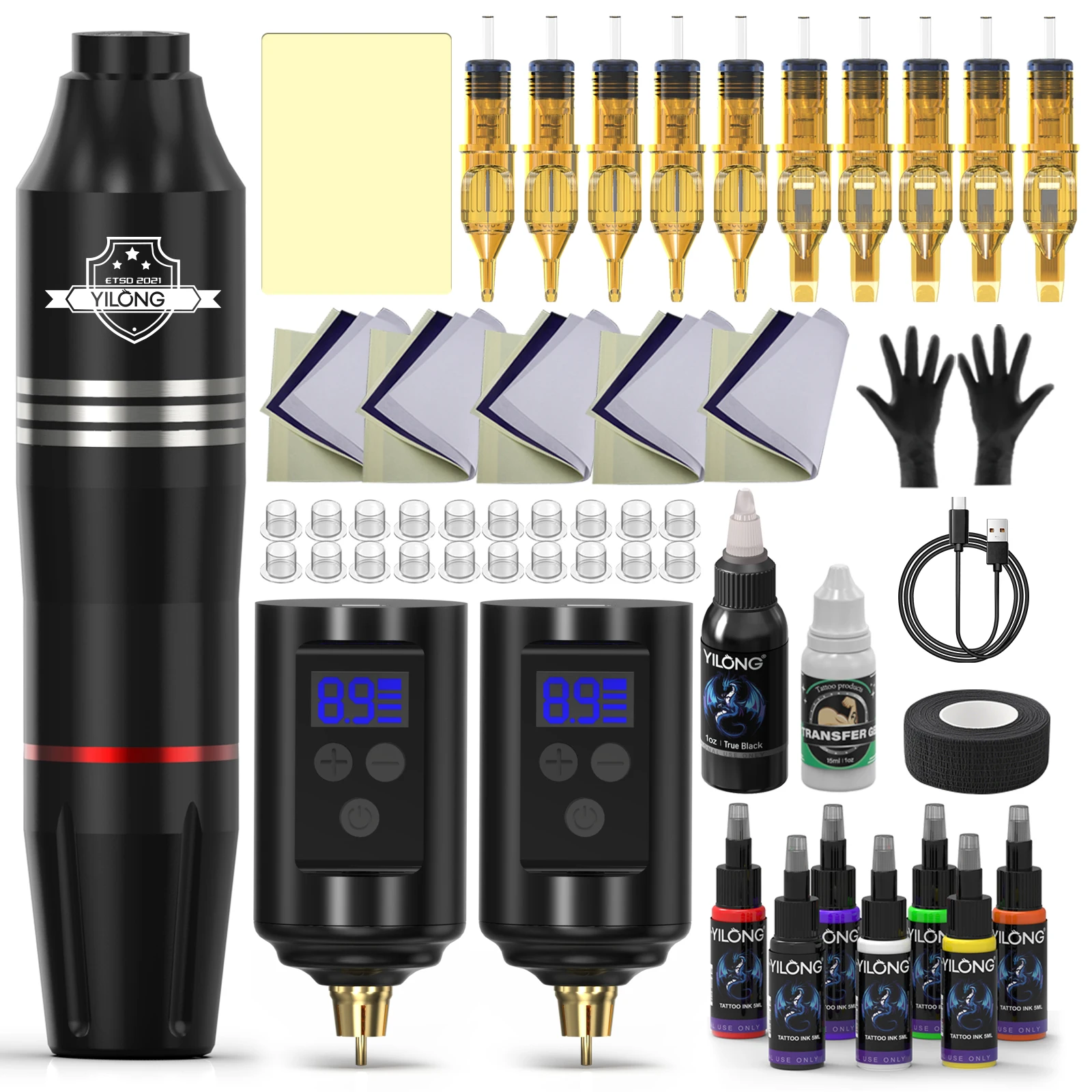 YILONG Wireless Rotary Tattoo Machine Set With 10PCS Tattoo Cartridge Needles Ink Permanent Makeup Tools Tattoo Machine Full Kit