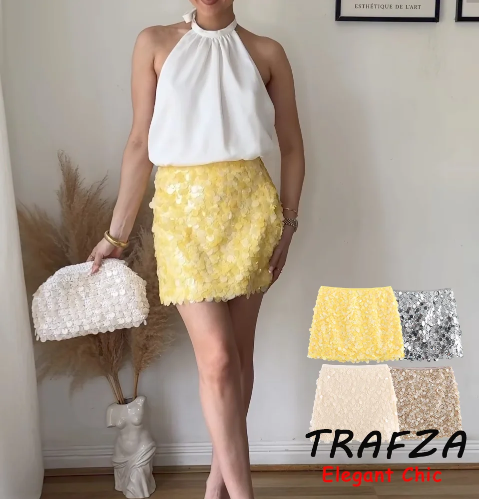 

TRAFZA Elegant Chic Sequin Mini Skirt Women's High Street Skirt 2025 Spring Summer Fashion Romantic Sexy Party Holidays Skirts
