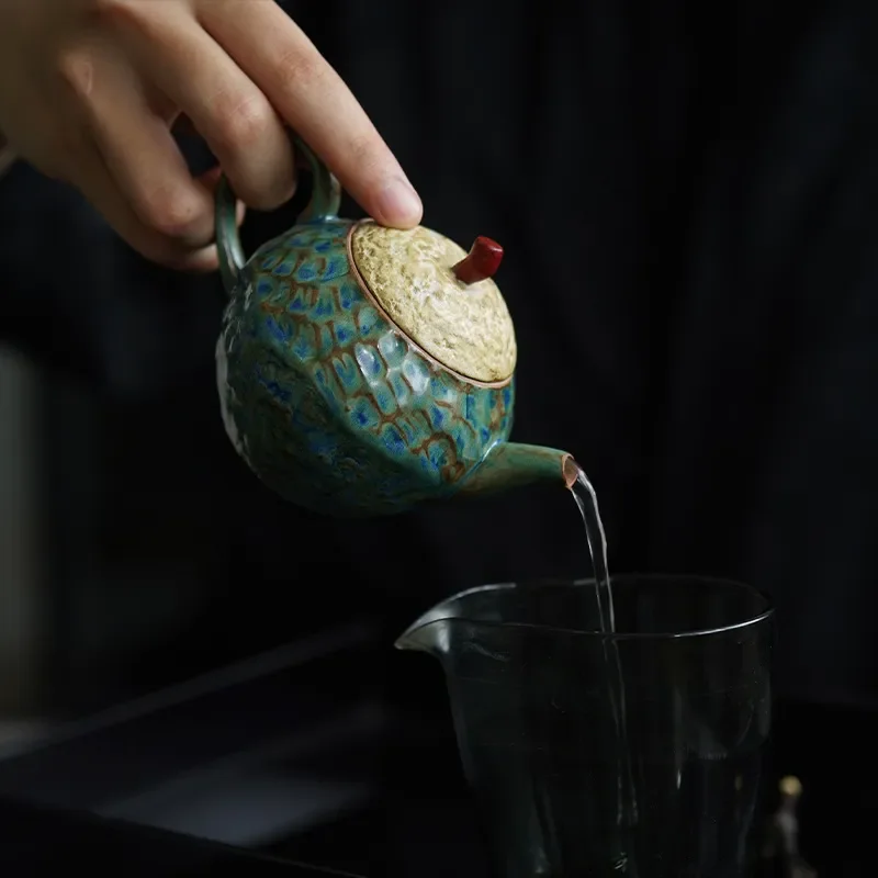 Retro Green Glaze Teapot Handmade Coarse Pottery Kung Fu Tea Set Creative Color Contrast Hand Held Pot Traditional Chinese